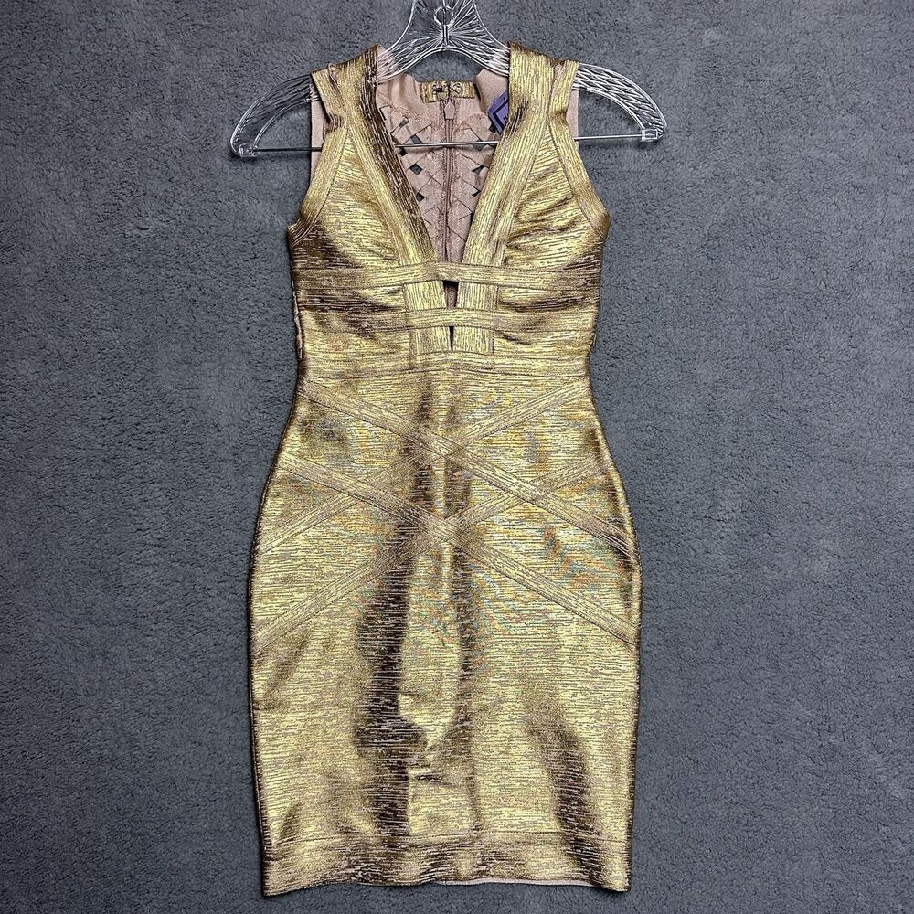 Herve Leger Sculpting Bandage Mini Foil Dress Gold Metallic S Strap Weave V Neck